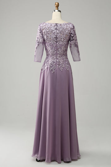 Robe de mère de mariée en mousseline de soie violette grise avec dentelle